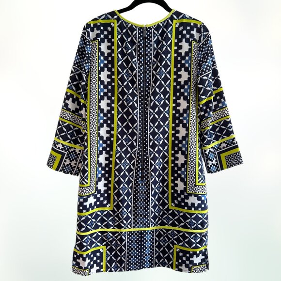 Vince Camuto keyhole geometric print shift dress blue/white/neon yellow-green - Picture 4 of 14